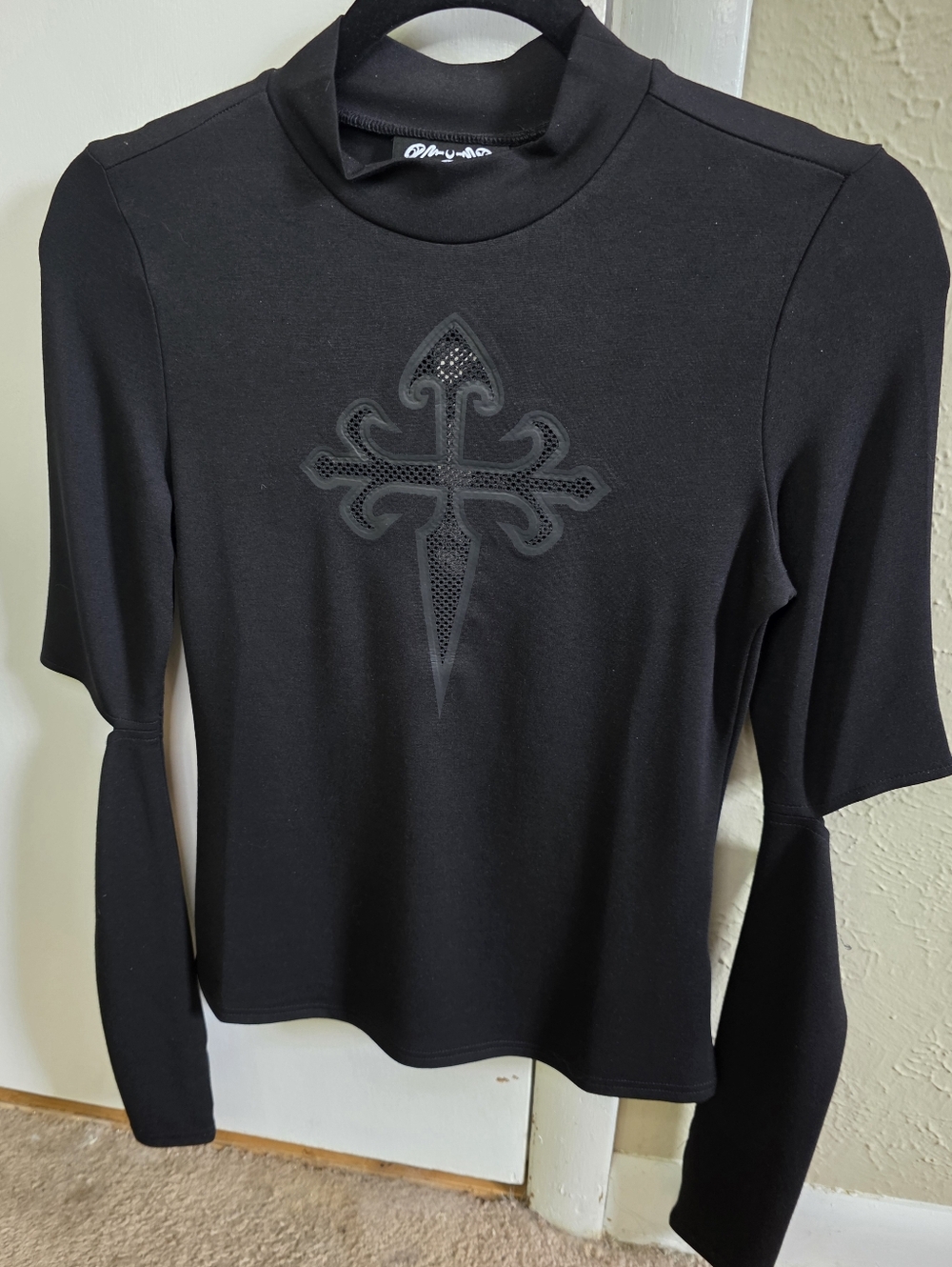 Black Long-Sleeve Mock Neck Top with Cross Detail XS